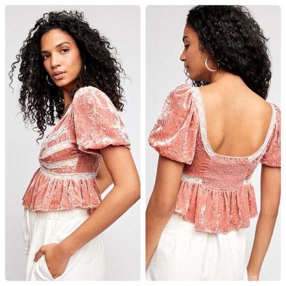 🆕 Free People Yours Truly Velvet Top NWTS! Pink Velvet & Ivory lace - Picture 1 of 12